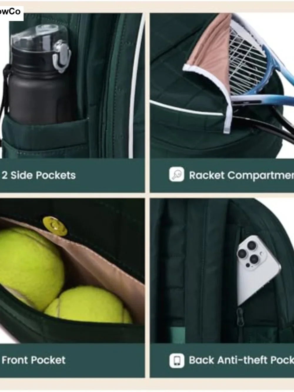 Quilted Tennis Backpack for Women, Pickleball Racket Bag with Separate